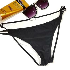 Black Bikini Swim Bottom Swimsuit w/Black Accent Strappy Sides Size L Full Lined